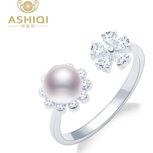 ASHIQI 925 Sterling Silver Flower 6-7mm Natural freshwater pearl Ring clear Zircon Resizable Open Finger for Women jewelry