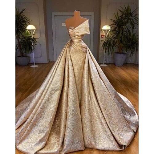 Dubai Arabic Gold Mermaid Evening Dresses with Detachable Train 2021 Celebrity Gowns Prom Dress vestido de festa De Soiree