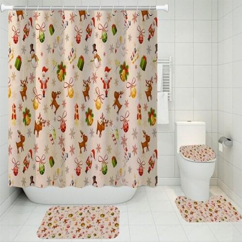 3/4 Pieces Merry Christmas Shower Curtains Sets Elk/Santa Claus Rugs Home Textile Bathroom Mat 3D Print Cartoon Gift Bath Sets