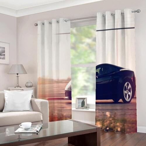 Black Sports Car Sunset scenery Custom Home Decoration Curtains polyester Fabric For Living room Bedroom half-blackout Drapes