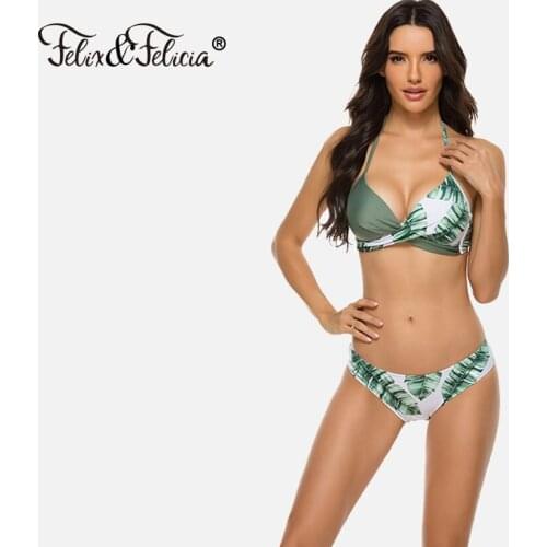FELIX & FELICIA sexy bikini swimsuit women push up halter swimwear printing strappy bikini set two-piece swimming suit beachwear