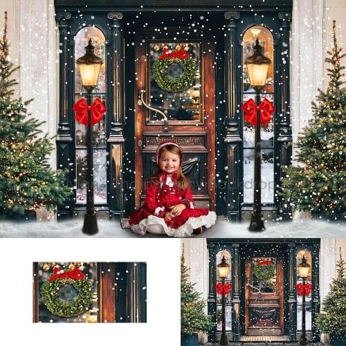Christmas Shop Door Photography Backdrop Kids Photocall Snowflake Decor Children Family Festival Trees Baby Photostudio Props