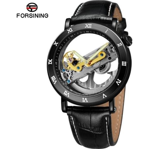 Forsining Mens Casual Roman Number Case Skeleton Dial Mechanical Self-Winding Movement Watch Black Leather Strap FSG9418M3B2