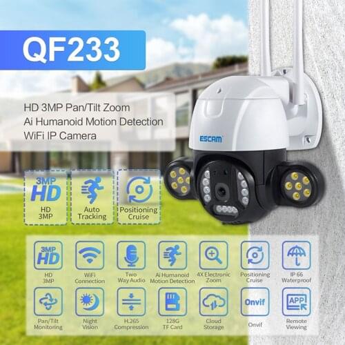 ESCAM QF233 3MP WIFI IP Camera PTZ AI Motion Detection Two-Way Voice Dual-Light Source Night Vision H.265 Security Camera