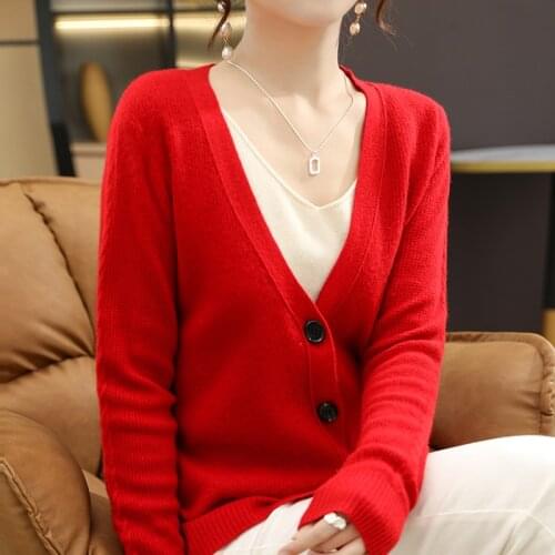 2021 early autumn new style 100% pure wool V-neck long-sleeved cardigan women