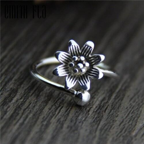 Genuine 925 Sterling Silver Female Vintage Simple Open Rings Flowers Design Fashion Jewelry For Women Opening Adjustable Ring