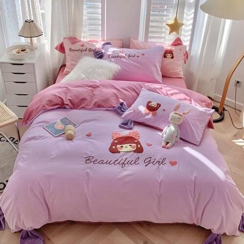 Purple Bedding Set Cute Cartoon Girl Duvet Cover Set 100% Cotton Pattern High Quality Luxury Comforter Set Bed Sheet Bed Skirt