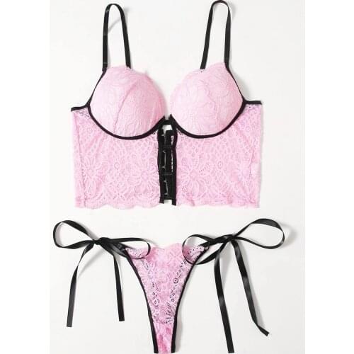 Sexy Lingerie Set Women Pink Flowers Lace Bra G-string Suit Ladies Bandage Underwear Set bielizna damska нижнее белье женское