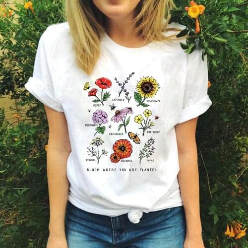 New Arrival Cute Plants Shirt Bloom Where You Are Planted Botanical Flower Harajuku 100% Cotton Shirt Summer Top Tees