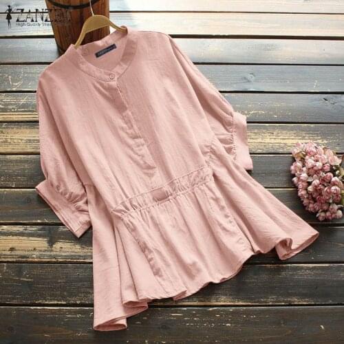 ZANZEA 2021 Solid Tops Kaftan Womens Summer Blouses Short Sleeve Blusas Female High Waist Tunic Plus Size Casual Chemise 5XL