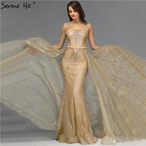 Dubai Luxury Gold One Shoulder Prom Dresses 2020 Mermaid Sexy Glitter Prom Gowns Design Serene Hill BLA70044