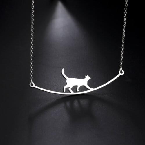 Skyrim Cat Curved Simple Necklace Women Stainless Steel Cute Animal Walking Cat Clavicle Chain Necklaces Korean Fashion Jewelry