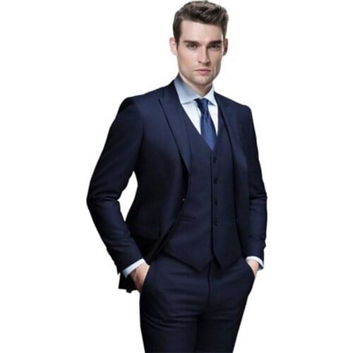 Navy Blue Slim Mens Suits Handsome Mens Wedding Suits Groomsmen Groom Tuxedos Party Prom Business Suits Jacket+Pants+Vest hombre