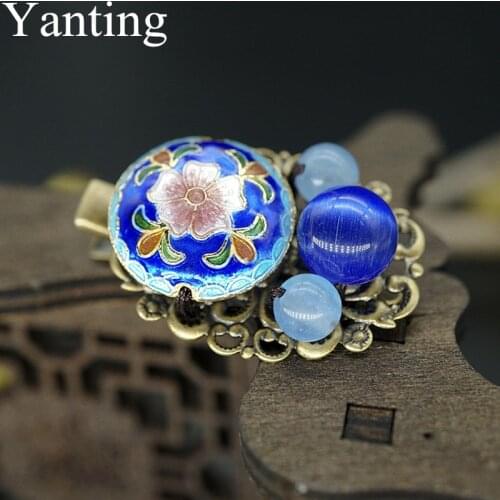 Yanting Blue Yellow Cloisonne Flower Hair Clip Chalcedony Stones Vintage Hollow Copper Alloy Hair Claws Handmade Gift Female 085