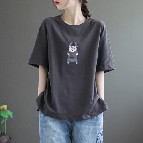 2020 New Summer Women Tees Literary Cotton O-Neck Print Short Sleeve t-shirt Loose Casual Tops Women