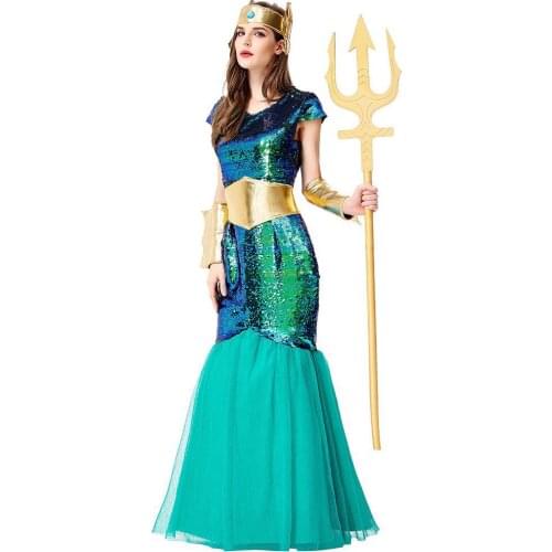 M-XL Green Women Mermaid Cosplay Female Halloween Neptune Poseidon Costumes Carnival Purim Parade Queen Role play party dress