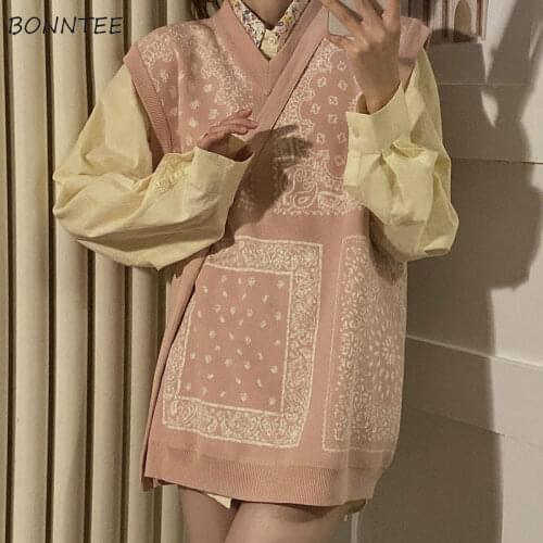 Sweater Vest Women Harajuku Chic Ladies Sleeveless Knitwear Pink Aesthetic Design V-neck Fall BF Style Teens Streetwear Fashion