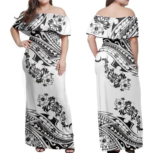 Jackherelook Summer Off Shoulder Women Maxi Long Dress Polynesian Tribal Hawaii Hibiscus Floral Print Evening Party Elegant Robe