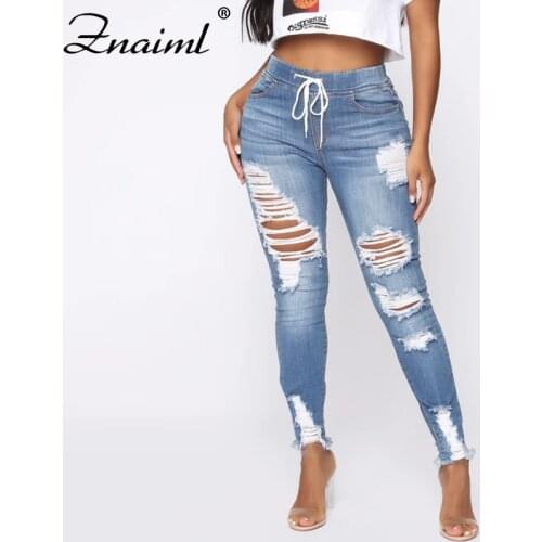Znaiml Drawstring Blue Ripped Jeans For Women High Waist Street Style Sexy Slim Trouser Stretch Skinny Hole Denim Pencil Pants