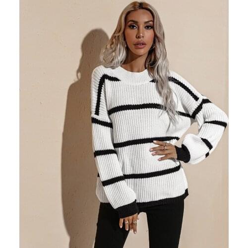 2021 Womens Autumn Winter New O Neck Long Sleeve Retro Oversized Striped Pullover Knit Sweater For Ladies Fashionable