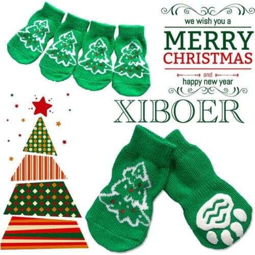 4 pcs Indoor Warm Socks Kit Skid Bottom Soft Dog Socks Pet Dog Cotton Anti-slip Knit Weave Green Christmas Tree