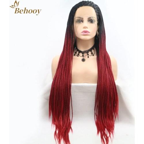Long High Temperature Lace Wig Ombre Red/Grey/Brown Synthetic Lace Front Wigs for Women Braided Box Braids Wig Cosplay Wigs