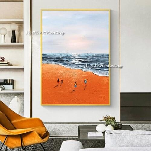 Home Decorative handmade Seas Sand Wall Picture Canvas orange Beach Landscape Oil Painting Home Decoration Drawing