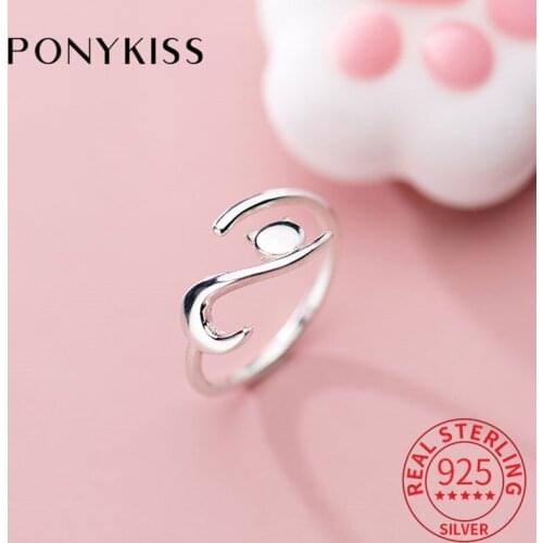 PONYKISS S925 Sterling Silver Cute Cat Minimlist opening adjustable Ring for Women Fine Jewelry Accessory Girl Party Gift