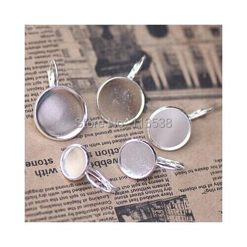 Rhodium Plated Dull Silver 100piece/lot French leverback hooks w/ 18mm Bezel earring blanks cameo base cabochon setting