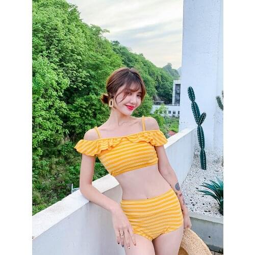 2019 New Korean Women Two Pieces Swimwear Striped Sexy Sling Strapless High-waist Neckline Trim Falbala High-leg Bathing Suits