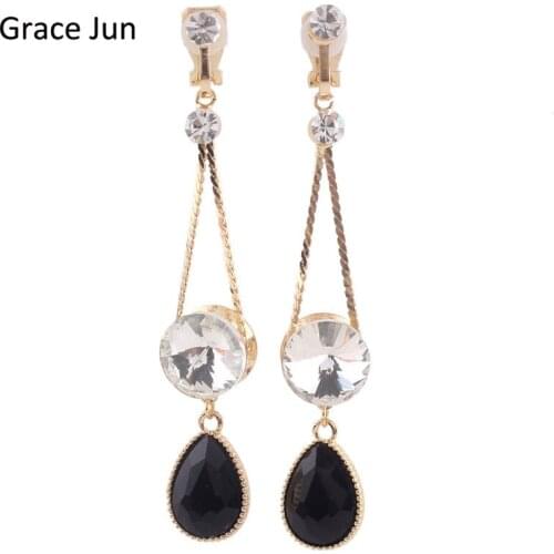 New Design Black Resin Vintage Bohemia Style Waterdrop Clip Earrings No Pierced for Women Elegant Crystal Clip Earrings Hot Sale