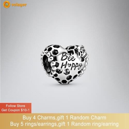 Volayer 925 Sterling Silver Beads Bee Happy Honeycomb Heart Charms fit Original Pandora Bracelets for Women Jewelry Making Gift