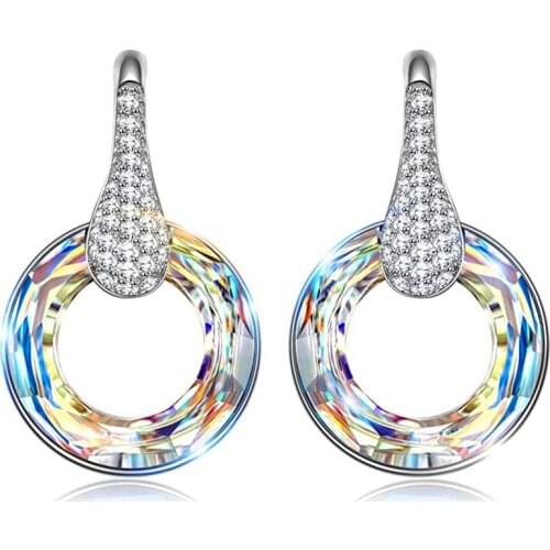 Luxury Female White Crystal Stud Earrings Charm Silver Color Wedding Earrings For Women Dainty Hollow Round Rainbow Earrings