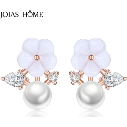 JoiasHome Elegant Pearl Earrings for Women Silver 925 Jewelry Gemstones Fashion Female Ear Studs Rose Gold Color Flower Dating