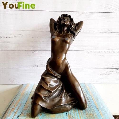 Modern Hot Sexy Girl Statue Bronze Kneeled Nude Female Sculpture Vintage Naked Woman Figurine Art Collectible Decor Ornaments