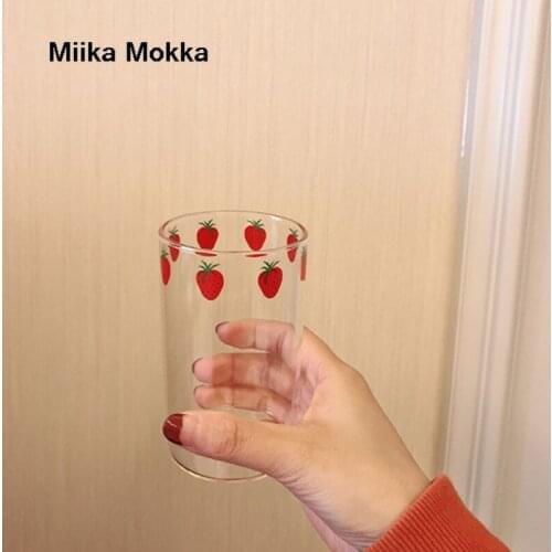 Ins Strawberry Glass Cup Nordic Style Breakfast Milk Juice Glass Heat Resistant Transparent Water Cup Straw For Home OffIce