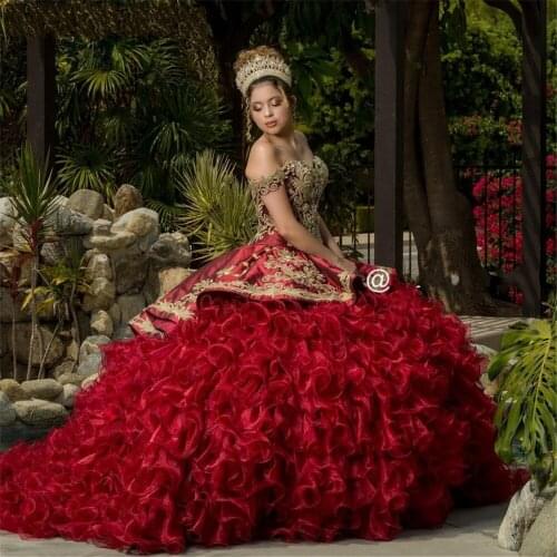 Dark Red Tiered Skirt Ruffles Ball Gown Quinceanera Dresses Sweetheart Gold Appliques Sweet 16 Prom Dress vestidos de 15 años