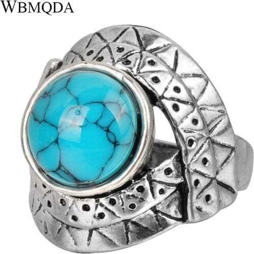 Tibetan Jewelry Ethnic Textured Eye Shape Silver Color Rings For Women Vintage Red Blue Stone Ring 2018 New Arrivals