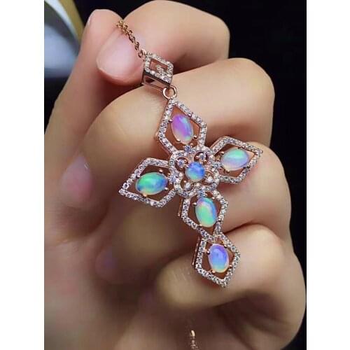 Vintage Gemstone Cross Pendant for Woman 100% Natural Opal Necklace Pendant Solid 925 Silver White Opal Pendant for Daily Wear
