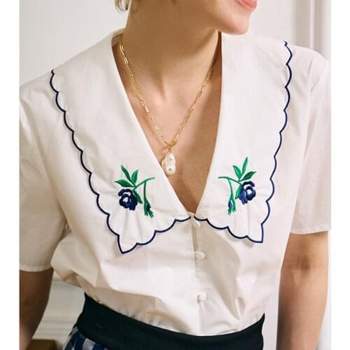 Embroidery Rose Peter Pan Collar Women White Blouse 2021 Summer New Lady Short Sleeve Single-Breasted Sweet Shirt and Tops