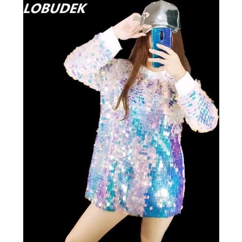 O-Neck Long Sleeve Colorful Sequins Female T-shirt Fashion Tide Loose Tops Nightclub Bar DJ Singer Jazz HIP HOP Stage T-shirts
