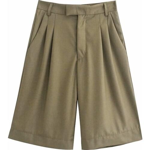 Aonibeier Spring Summer Knee Length Pants Women Trousers Side Pockets High Waist Straight Pants Office Lady Short Pants Bottoms