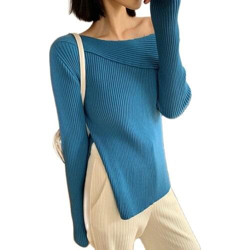 Slash Neck Twill Knitted Sweater Pullover Women Korean Fashion Split Fork Jumper Mujer Blusa De Frio Feminina Sweaters Female