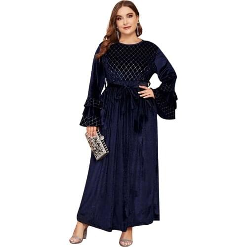 2021 Ladies Autumn Velvet Dress Flared Sleeve Black Long Skirt Plus Size Party Dress Plus Size Elegant Dress Extra Long Dress5XL