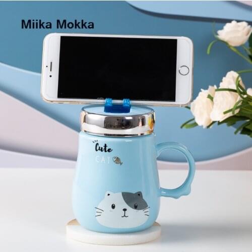 480ml Creative Coffee Mug with Phone Holder Cartoon Cute Animal Ceramic Mug Bear Rabbit Cat Water Cup with Mirror Lid Milk Cup