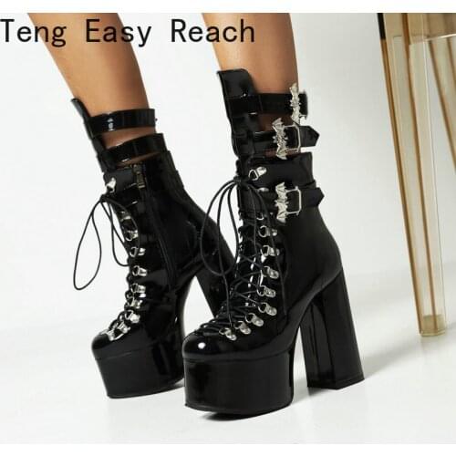 14CM Super High Heel Platform Ankle Boots Fashion Metal Belt Buckle Women Boots Autumn Winter Zipper Motorcycle Boots Size 35-46
