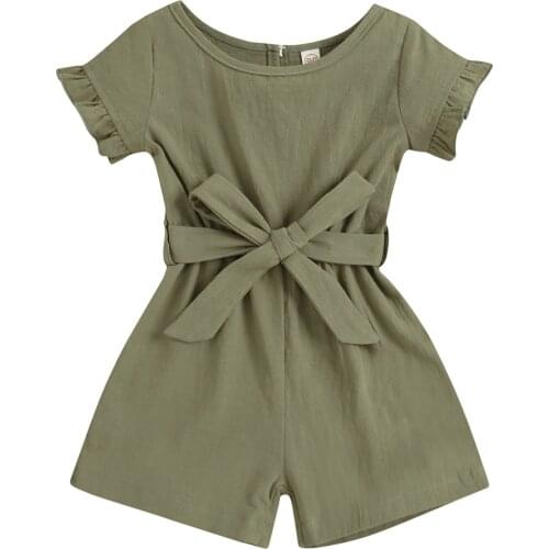 Kid Girl Rompers Casual Ruffles Short Sleeve Jumpsuit Fashion Solid Color Rompers With Belt For 2-6Years