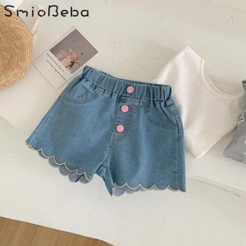Korean Childrens Wave Edge Embroidered Girls Denim Blue Jeans PP Shorts Korean Style Thin Hot Pants Sweet Short Jeans Feminino