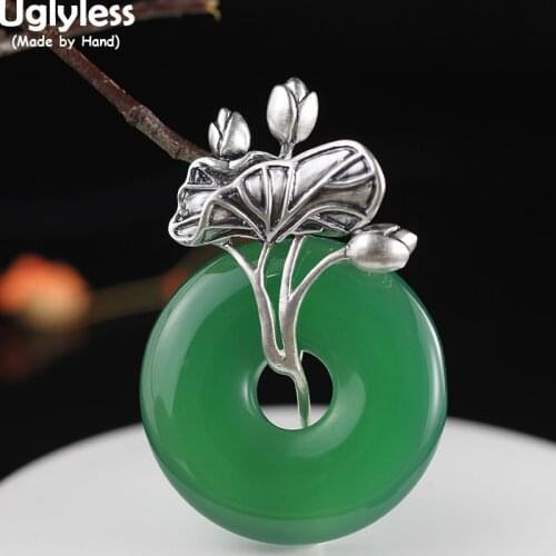 Uglyless Thai Silver Ethnic Lotus Leaf Bud Pendants Necklaces NO Chain Classic Peace Button Chalcedony Jewelry 925 Silver Bijoux