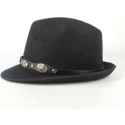 Classical Men Women Wool Fedora Hat With Punk Belt Gentleman Jazz Church Fascinator Hat Autumn Winter Party Hat Size 58CM